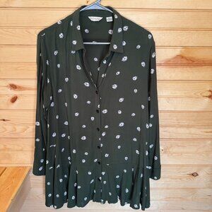 Anthropologie Tylho Lakin Ladybug Tunic Button Dow Blouse Women's Green White